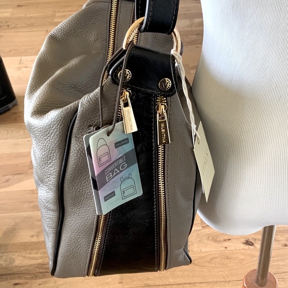 Valentina Hobo Shoulder Backpack Italian Taupe Black Leather NWT - Picture 15 of 16